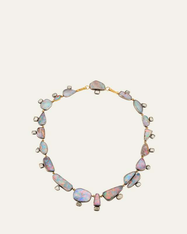 Lovely Flashy Red Boulder Opal and Diamond Necklace, 17"L